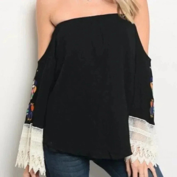 Black off Shoulder Top with Embroidery & Lace - Picture 3 of 4